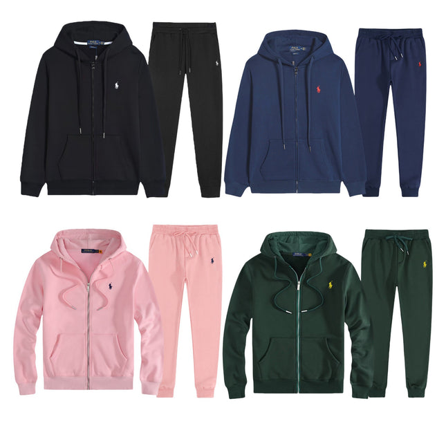 Four sets of Polo Ralph Lauren hoodies and pants in black, blue, pink, and green on a white background.