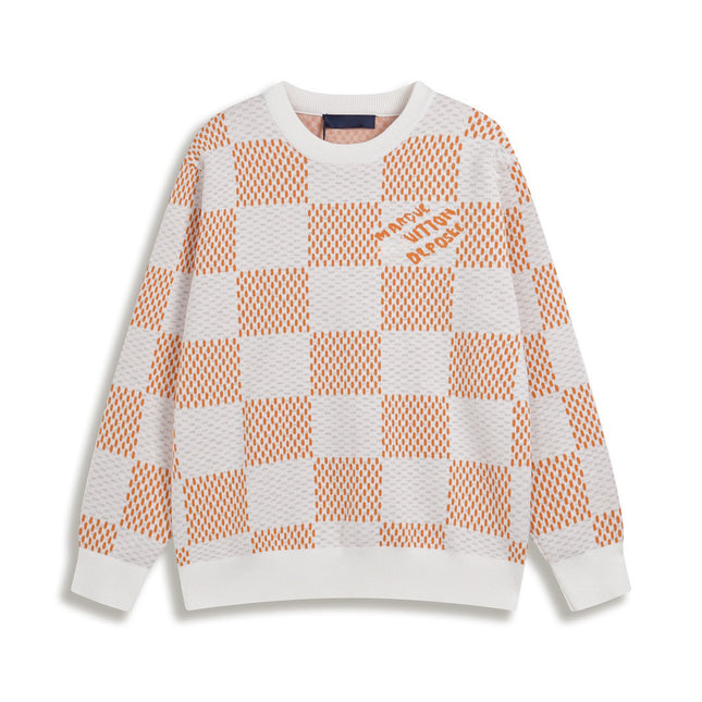 Correct version 25ss donkey family autumn and winter new four-leaf checkerboard letter logo jacquard wool knitwear sweater