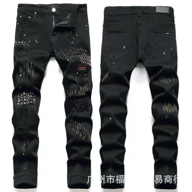 Punk Retro Blue Ripped Slim Stretch Men's Jeans