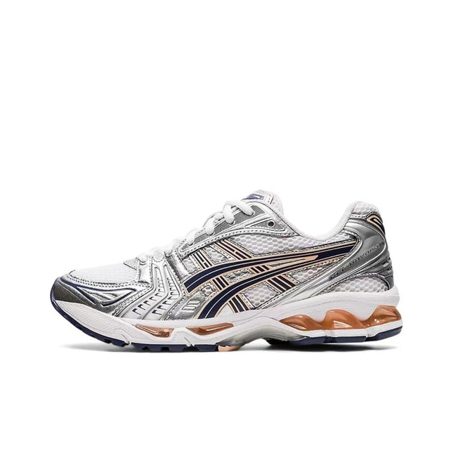 White sneaker with silver and navy details, featuring a cushioned sole and mesh upper.