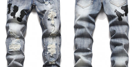 Punk Retro Blue Ripped Slim Stretch Men's Jeans