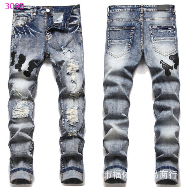 Punk Retro Blue Ripped Slim Stretch Men's Jeans