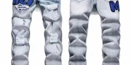 Punk Retro Blue Ripped Slim Stretch Men's Jeans