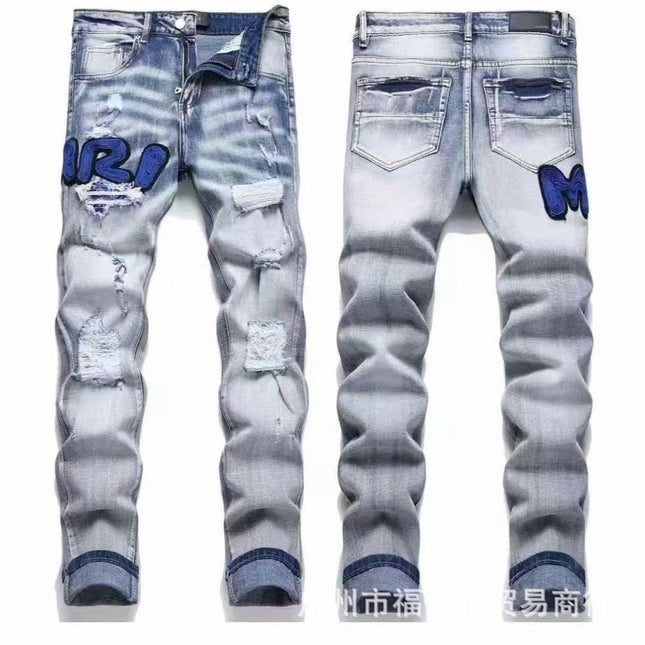 Punk Retro Blue Ripped Slim Stretch Men's Jeans