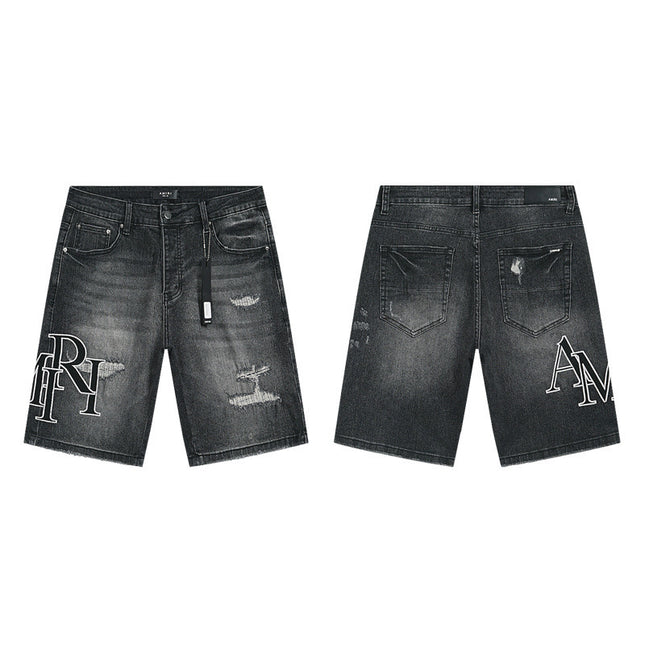 Men's Trendy Ink Print Ripped Denim Shorts