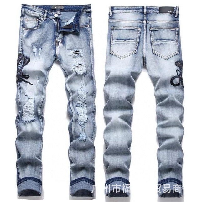 Punk Retro Blue Ripped Slim Stretch Men's Jeans