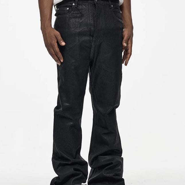 2025 High Street RO Style Coated Brushed Micro Flare Mopping Floor Jeans Men's Trendy Brand Loose Micro Elastic Waxed Pants