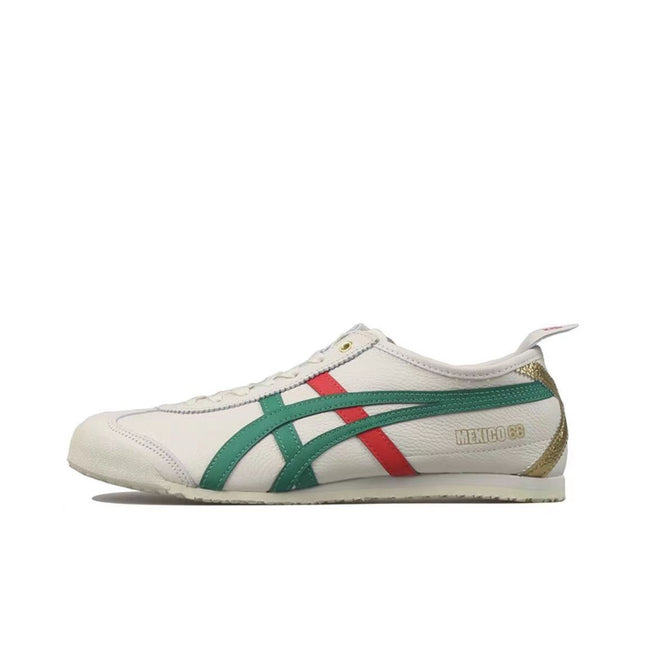 White sneaker with green and red stripes, gold accents, and "Mexico 66" text on the side.