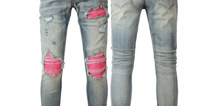 Punk Retro Blue Ripped Slim Stretch Men's Jeans