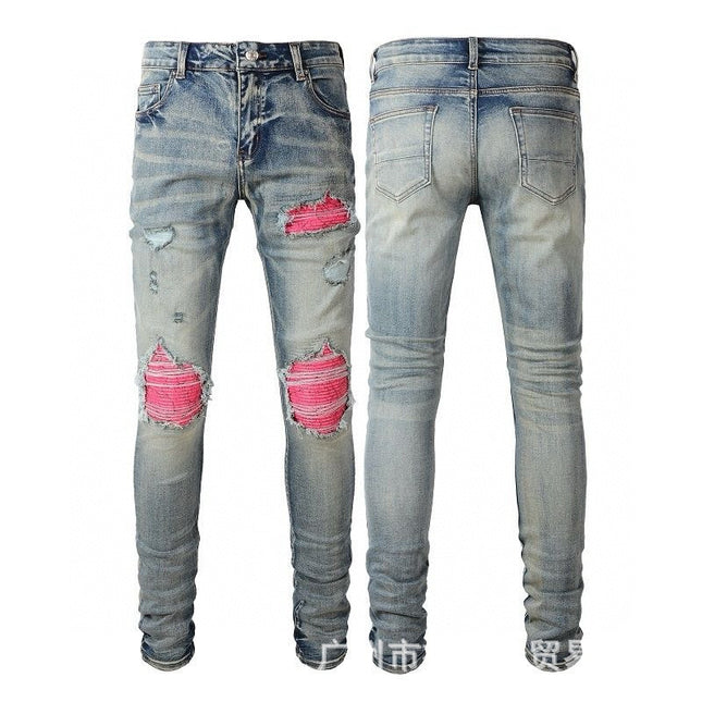 Punk Retro Blue Ripped Slim Stretch Men's Jeans