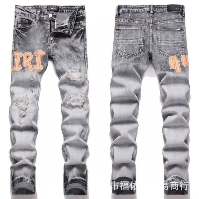 Punk Retro Blue Ripped Slim Stretch Men's Jeans