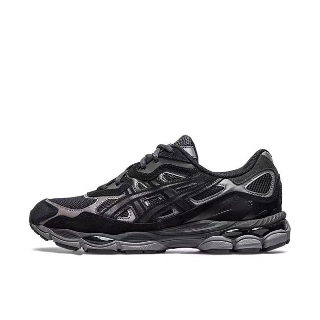 Black and silver sneaker with mesh panels, intricate design, and textured sole on white background.