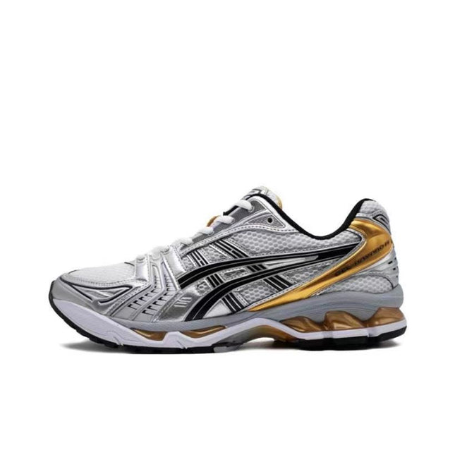 White and gold running shoe with black accents and textured mesh design.