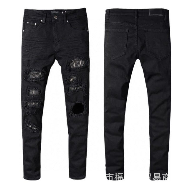 Punk Retro Blue Ripped Slim Stretch Men's Jeans