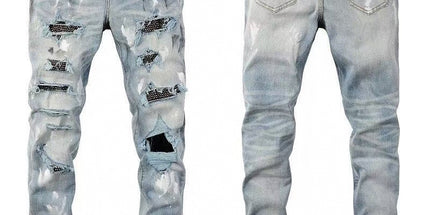 Punk Retro Blue Ripped Slim Stretch Men's Jeans