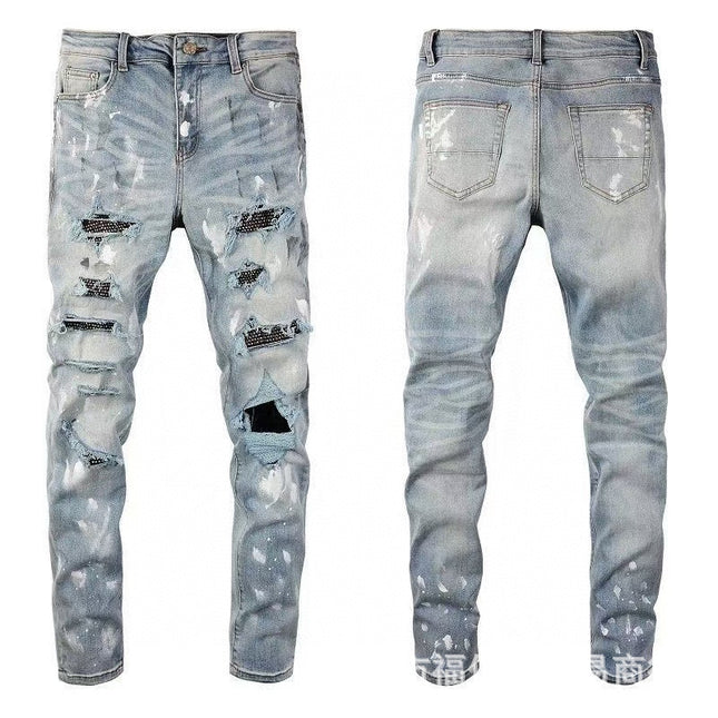 Punk Retro Blue Ripped Slim Stretch Men's Jeans