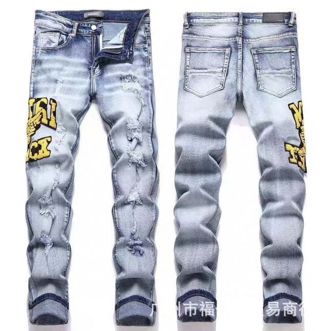 Punk Retro Blue Ripped Slim Stretch Men's Jeans