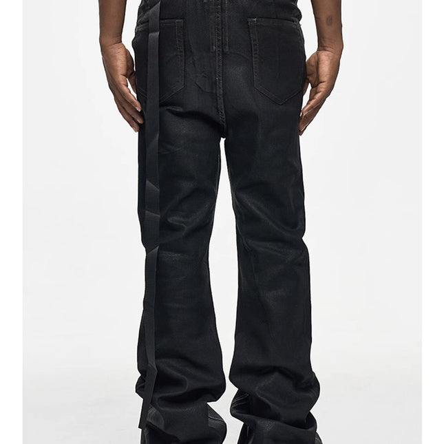 2025 High Street RO Style Coated Brushed Micro Flare Mopping Floor Jeans Men's Trendy Brand Loose Micro Elastic Waxed Pants