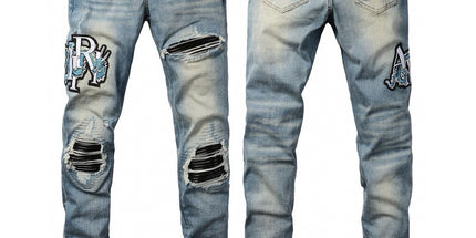 Punk Retro Blue Ripped Slim Stretch Men's Jeans