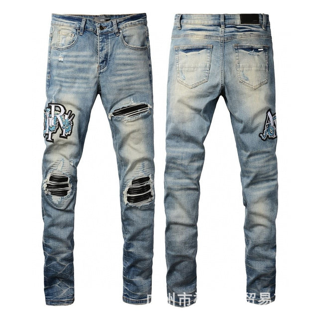 Punk Retro Blue Ripped Slim Stretch Men's Jeans