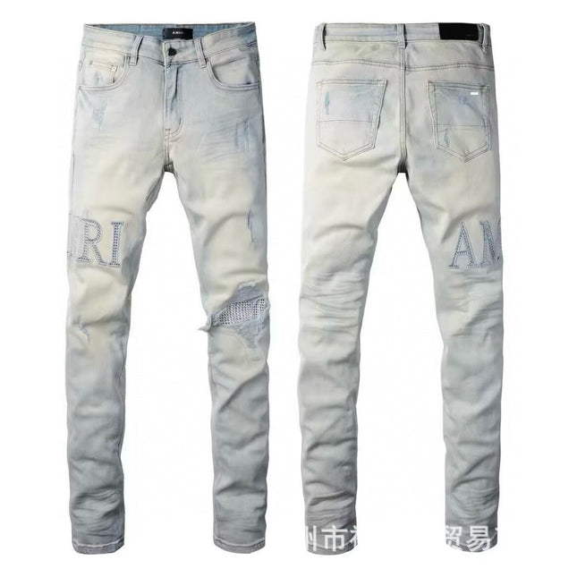 Punk Retro Blue Ripped Slim Stretch Men's Jeans