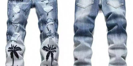 Punk Retro Blue Ripped Slim Stretch Men's Jeans