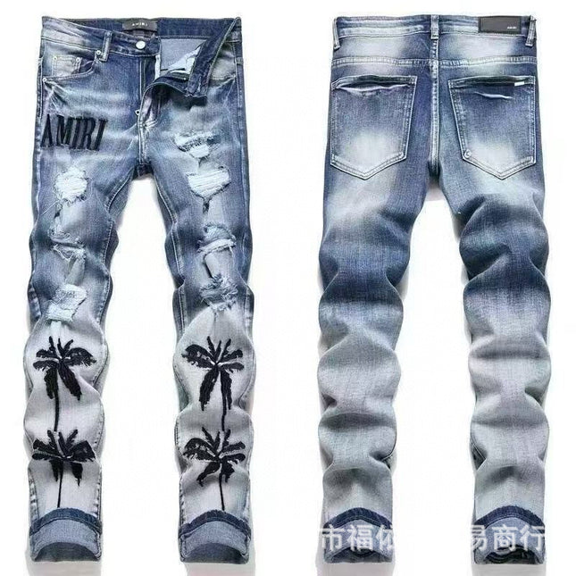 Punk Retro Blue Ripped Slim Stretch Men's Jeans