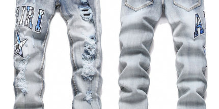 Punk Retro Blue Ripped Slim Stretch Men's Jeans