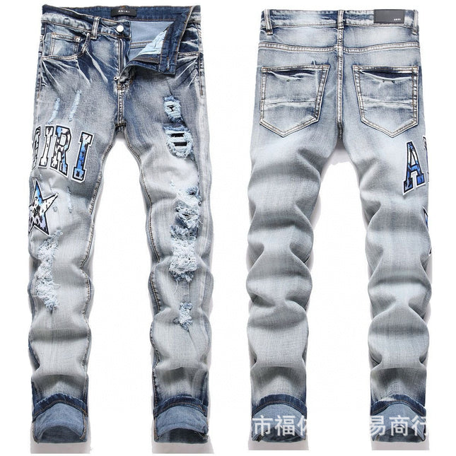 Punk Retro Blue Ripped Slim Stretch Men's Jeans