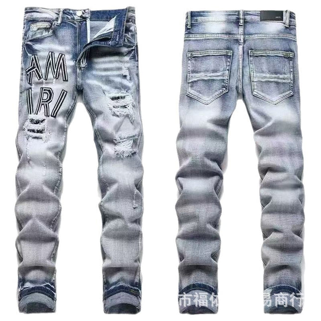 Punk Retro Blue Ripped Slim Stretch Men's Jeans