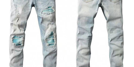 Punk Retro Blue Ripped Slim Stretch Men's Jeans