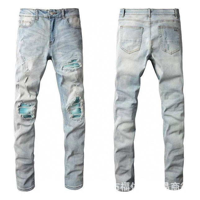 Punk Retro Blue Ripped Slim Stretch Men's Jeans