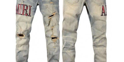 Punk Retro Blue Ripped Slim Stretch Men's Jeans