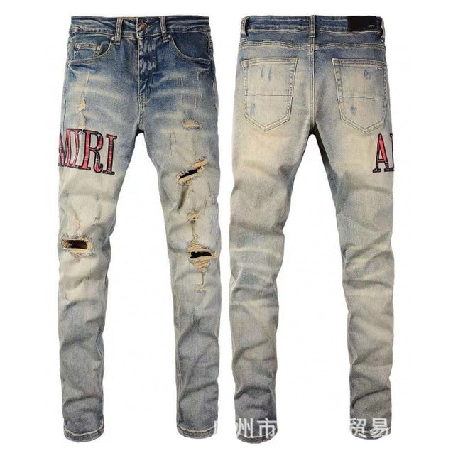 Punk Retro Blue Ripped Slim Stretch Men's Jeans