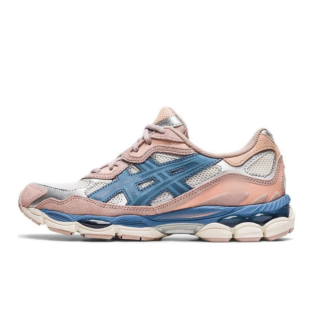 Pink and blue sneaker with mesh panels, white sole, and a wavy design.