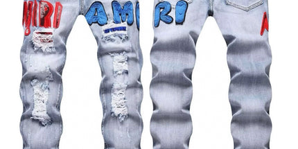 Punk Retro Blue Ripped Slim Stretch Men's Jeans