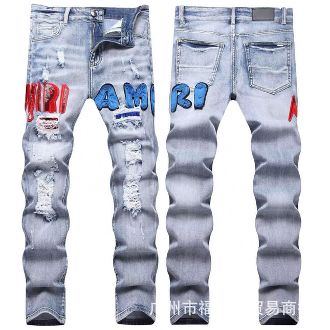 Punk Retro Blue Ripped Slim Stretch Men's Jeans
