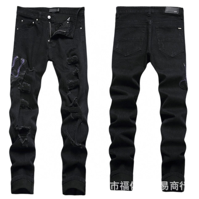 Punk Retro Blue Ripped Slim Stretch Men's Jeans