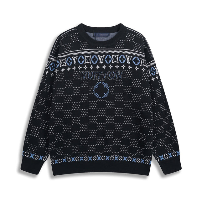Correct version 25ss donkey family autumn and winter new four-leaf checkerboard letter logo jacquard wool knitwear sweater