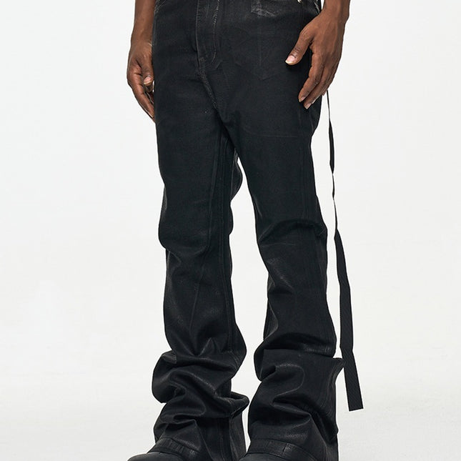 2025 High Street RO Style Coated Brushed Micro Flare Mopping Floor Jeans Men's Trendy Brand Loose Micro Elastic Waxed Pants