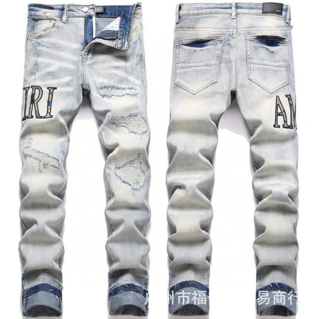 Punk Retro Blue Ripped Slim Stretch Men's Jeans