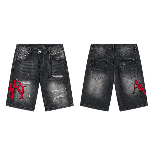 Men's Trendy Ink Print Ripped Denim Shorts