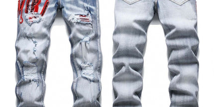 Punk Retro Blue Ripped Slim Stretch Men's Jeans