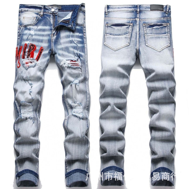 Punk Retro Blue Ripped Slim Stretch Men's Jeans
