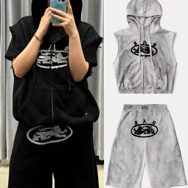 Badblood American vintage tie-dye zipper hooded vest casual loose cropped pants men's and women's street suits trendy