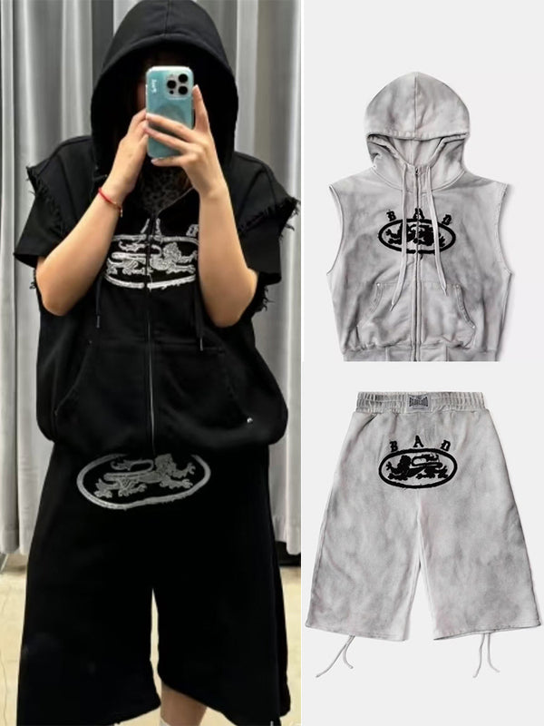 Badblood American vintage tie-dye zipper hooded vest casual loose cropped pants men's and women's street suits trendy