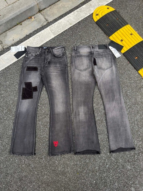 Ripped jeans patch flare washed zipper