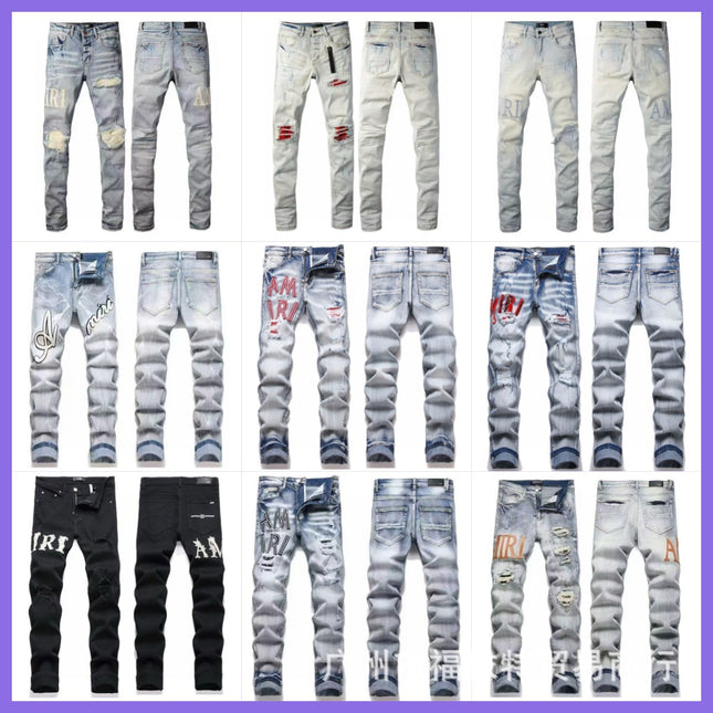 Punk Retro Blue Ripped Slim Stretch Men's Jeans
