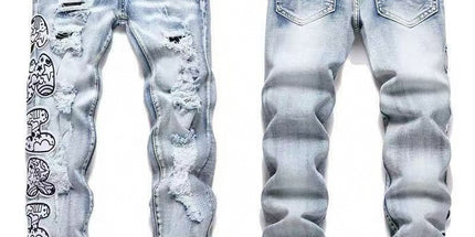 Punk Retro Blue Ripped Slim Stretch Men's Jeans