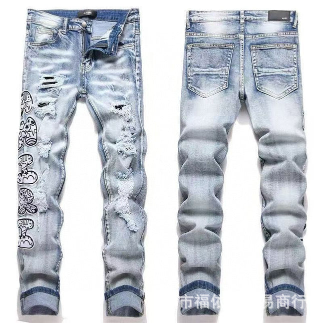 Punk Retro Blue Ripped Slim Stretch Men's Jeans